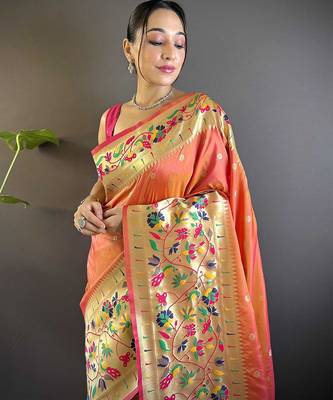 peach woven design zari paithani saree 4