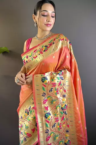 peach woven design zari paithani saree