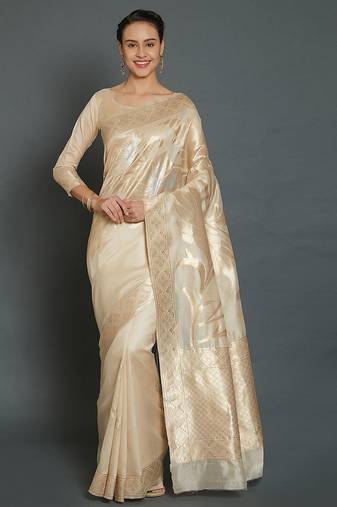 beige beige silk blend woven design kanjeevaram saree