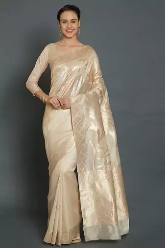 beige beige silk blend woven design kanjeevaram saree