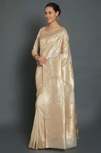 beige beige silk blend woven design kanjeevaram saree