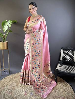 pink woven design zari paithani saree 1