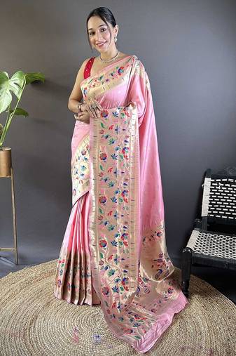 pink woven design zari paithani saree
