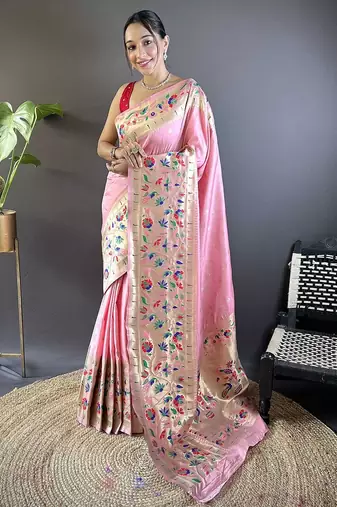 pink woven design zari paithani saree