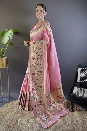 pink woven design zari paithani saree