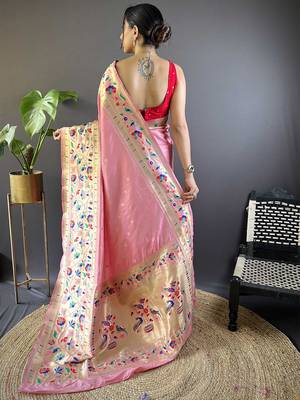 pink woven design zari paithani saree 3