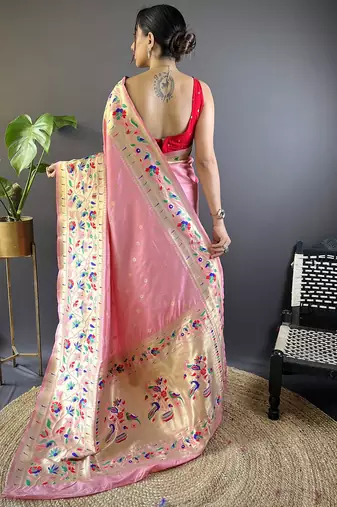 pink woven design zari paithani saree