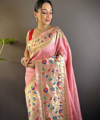 pink woven design zari paithani saree 4