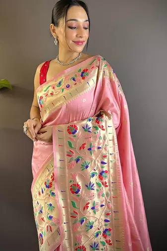 pink woven design zari paithani saree