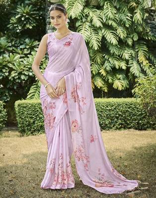 pink floral printed satin saree 1