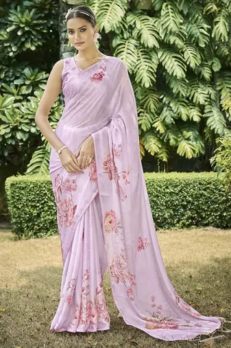 pink floral printed satin saree