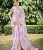 pink floral printed satin saree