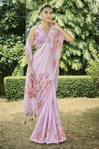 pink floral printed satin saree