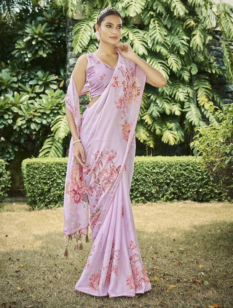 pink floral printed satin saree