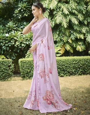 pink floral printed satin saree 3