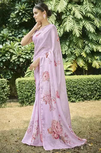 pink floral printed satin saree