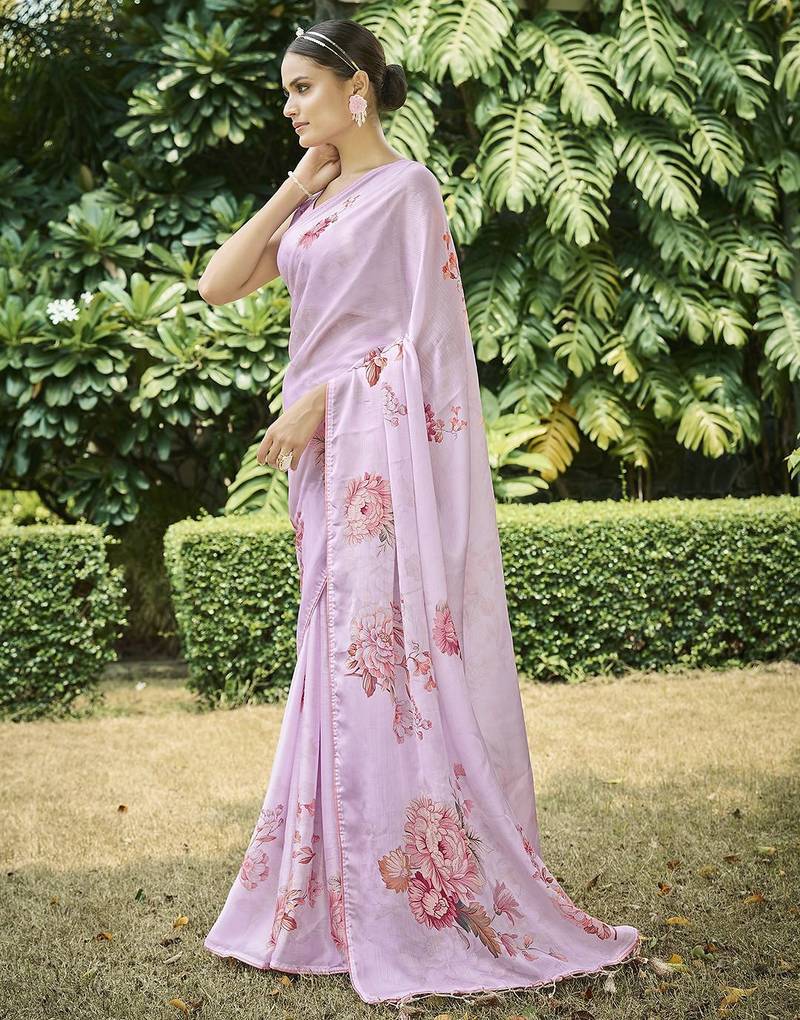 pink floral printed satin saree