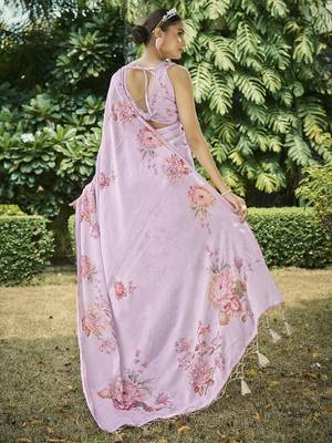 pink floral printed satin saree 4