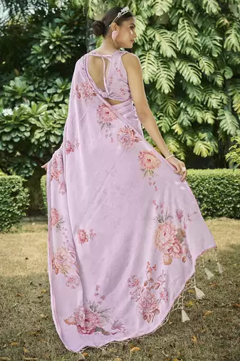 pink floral printed satin saree