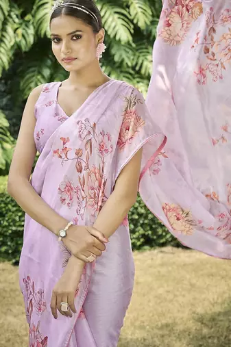 pink floral printed satin saree