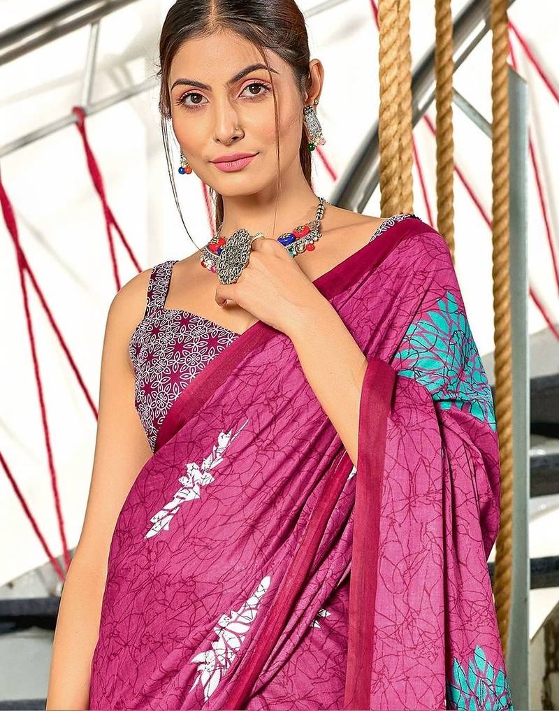 magenta floral pure cotton designer saree