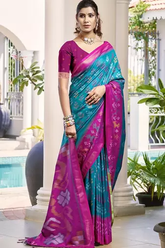 blue woven design zari silk blend pochampally saree