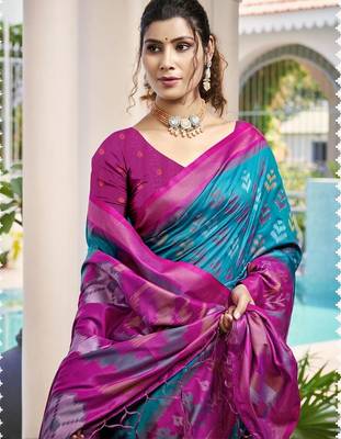 blue woven design zari silk blend pochampally saree 2
