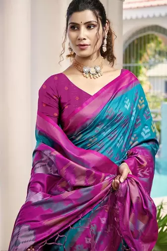 blue woven design zari silk blend pochampally saree