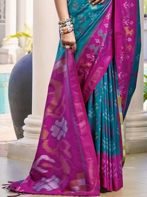 blue woven design zari silk blend pochampally saree 3