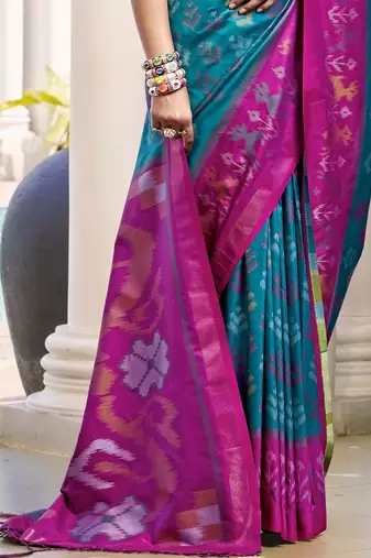 blue woven design zari silk blend pochampally saree