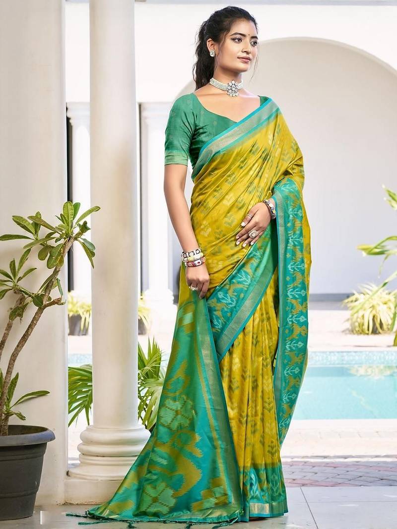 olive woven design zari silk blend pochampally saree