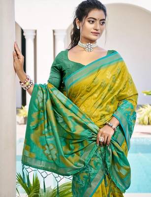 olive woven design zari silk blend pochampally saree 2