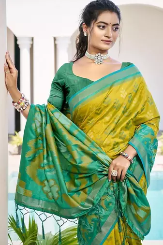 olive woven design zari silk blend pochampally saree