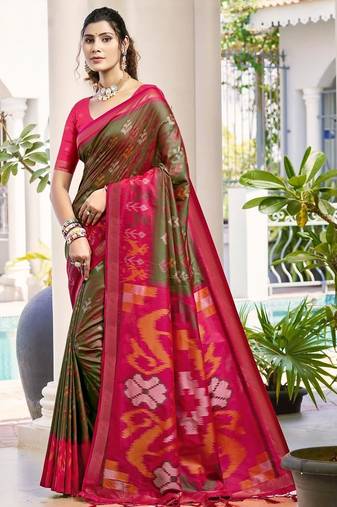 green woven design zari silk blend pochampally saree