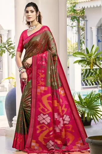 green woven design zari silk blend pochampally saree