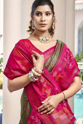 green woven design zari silk blend pochampally saree