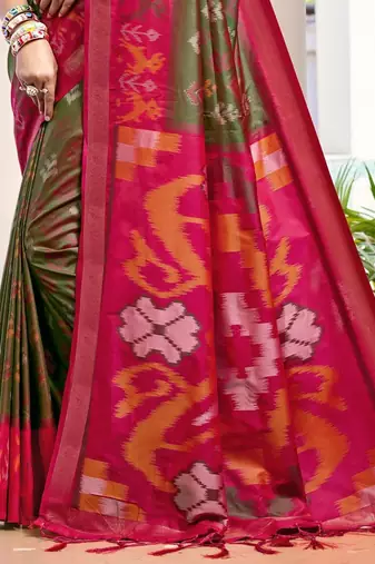 green woven design zari silk blend pochampally saree