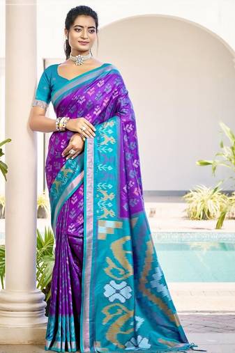 purple woven design zari silk blend pochampally saree
