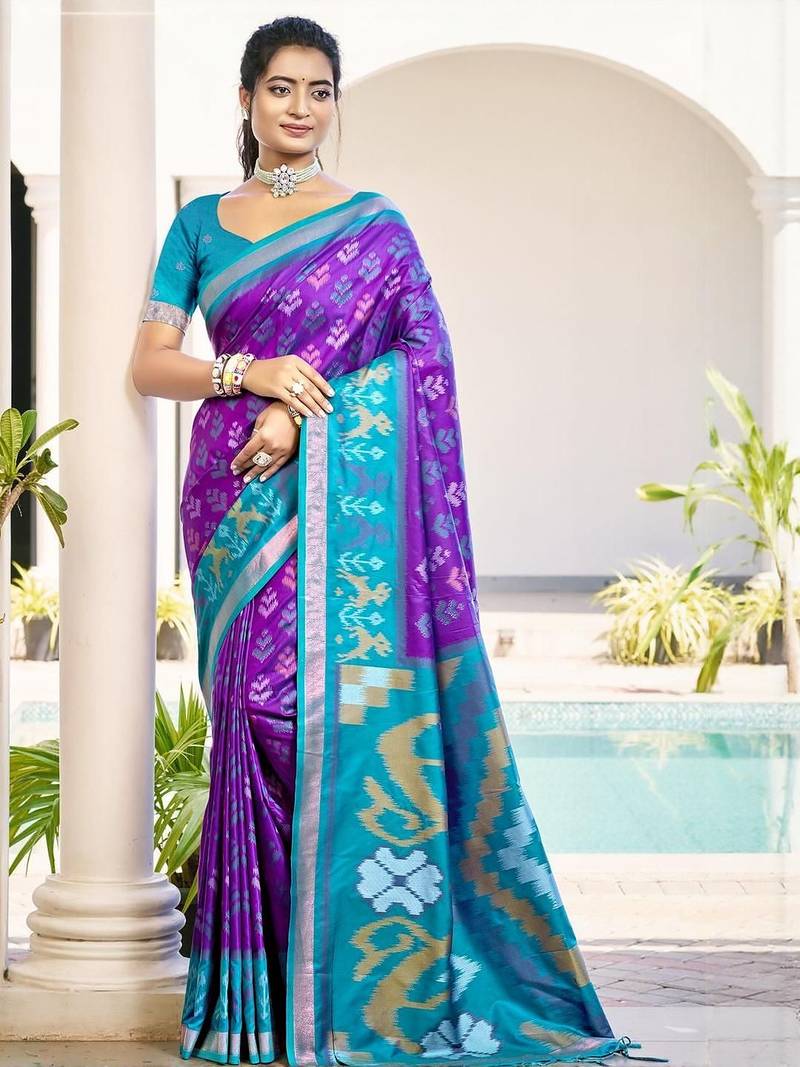 purple woven design zari silk blend pochampally saree