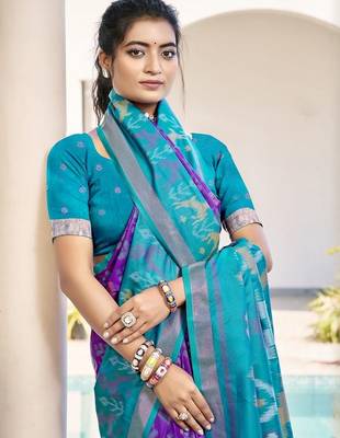 purple woven design zari silk blend pochampally saree 2