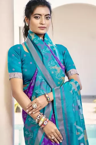 purple woven design zari silk blend pochampally saree