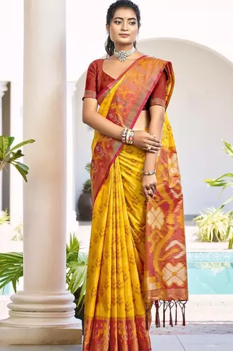 yellow woven design zari silk blend pochampally saree