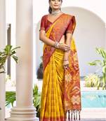 yellow woven design zari silk blend pochampally saree