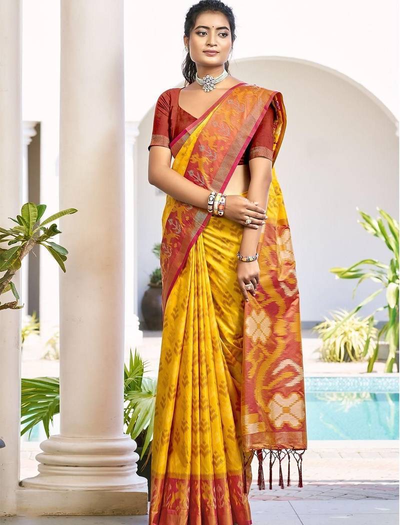 yellow woven design zari silk blend pochampally saree