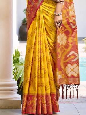 yellow woven design zari silk blend pochampally saree 3