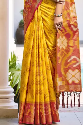 yellow woven design zari silk blend pochampally saree
