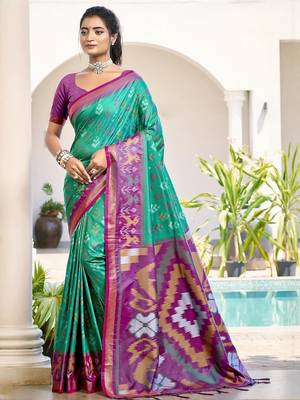 teal woven design zari silk blend pochampally saree 1