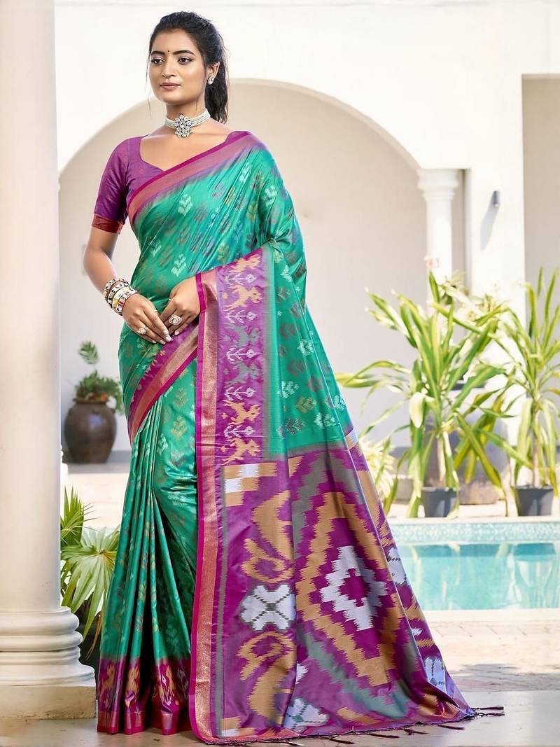 teal woven design zari silk blend pochampally saree
