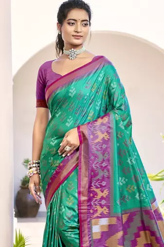 teal woven design zari silk blend pochampally saree