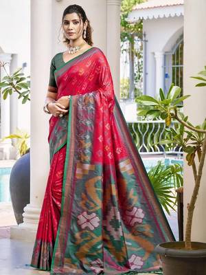 red woven design zari silk blend pochampally saree 1